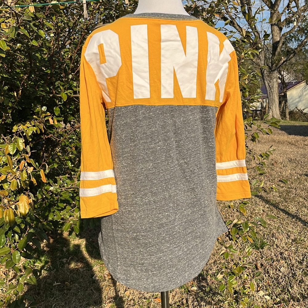 Victoria's Secret PINK 3/4 Sleeve Campus Tee Small Marigold Yellow Marled Gray